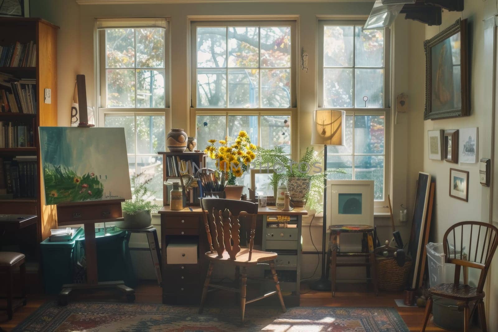 A cozy artist's home studio bathed in sunlight, with a painting in progress, surrounded by books, plants, and personal treasures that inspire creativity