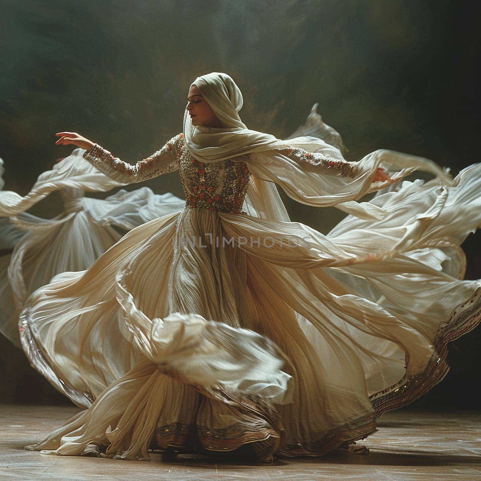 Sufi Whirling Dervish Skirts in Gentle Rotation, The skirts' motion blurs, capturing the spiritual ecstasy and devotion of the dance.