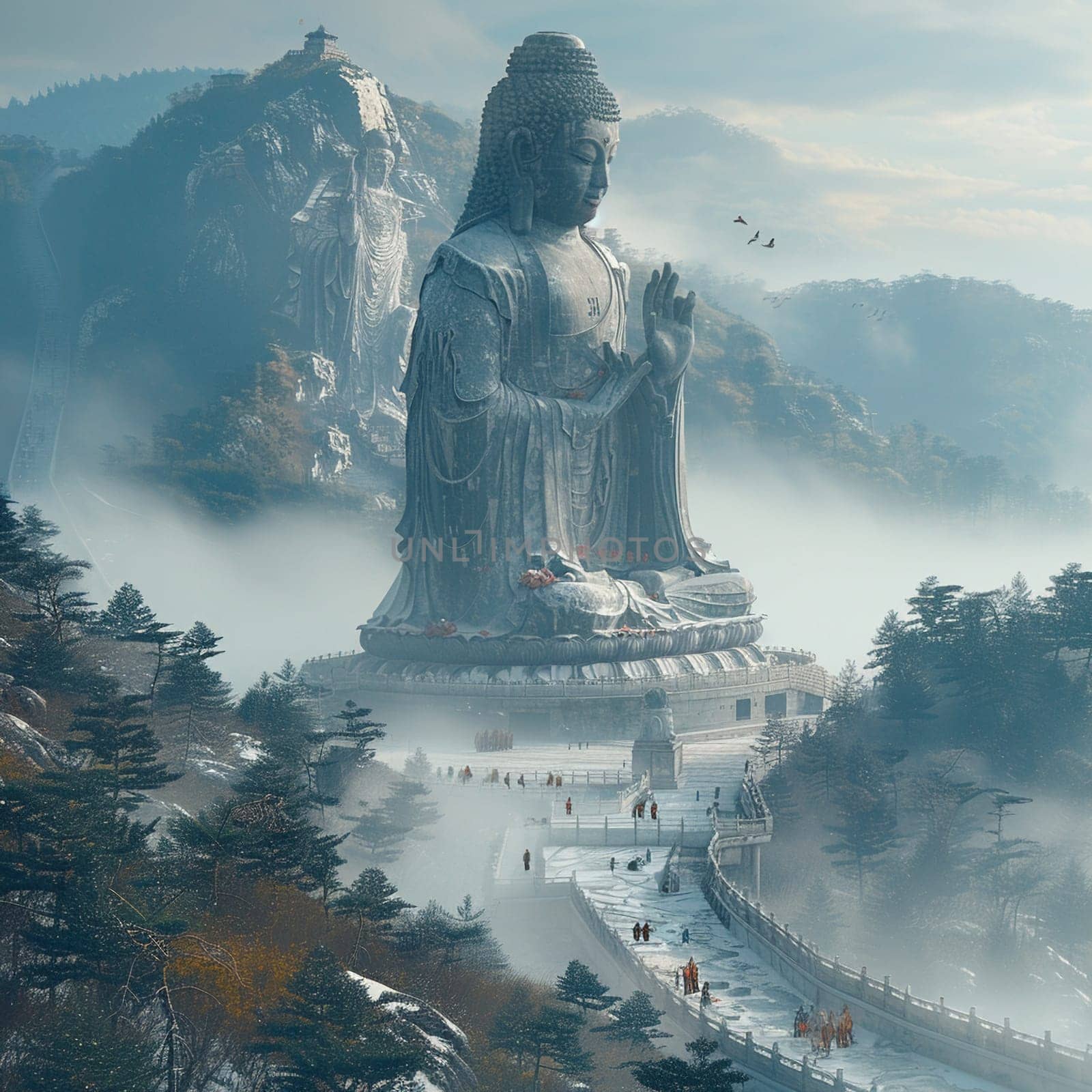 Giant Buddha Statue Overlooking a Misty Landscape, The majestic figure merges with the fog, a sentinel of peace and enlightenment.