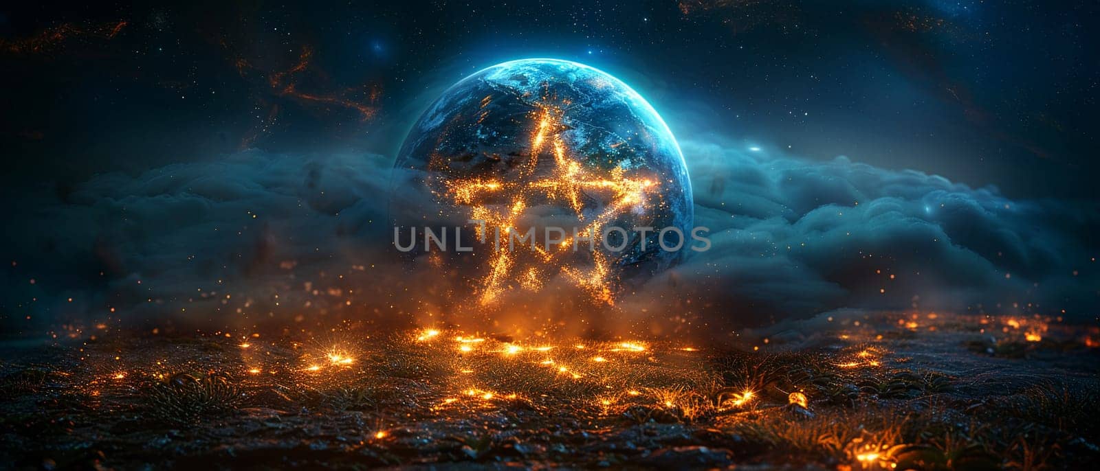 Wiccan Pentacle Embraced by a Circle of Natures Elements The starry symbol blurs into the earth by Benzoix