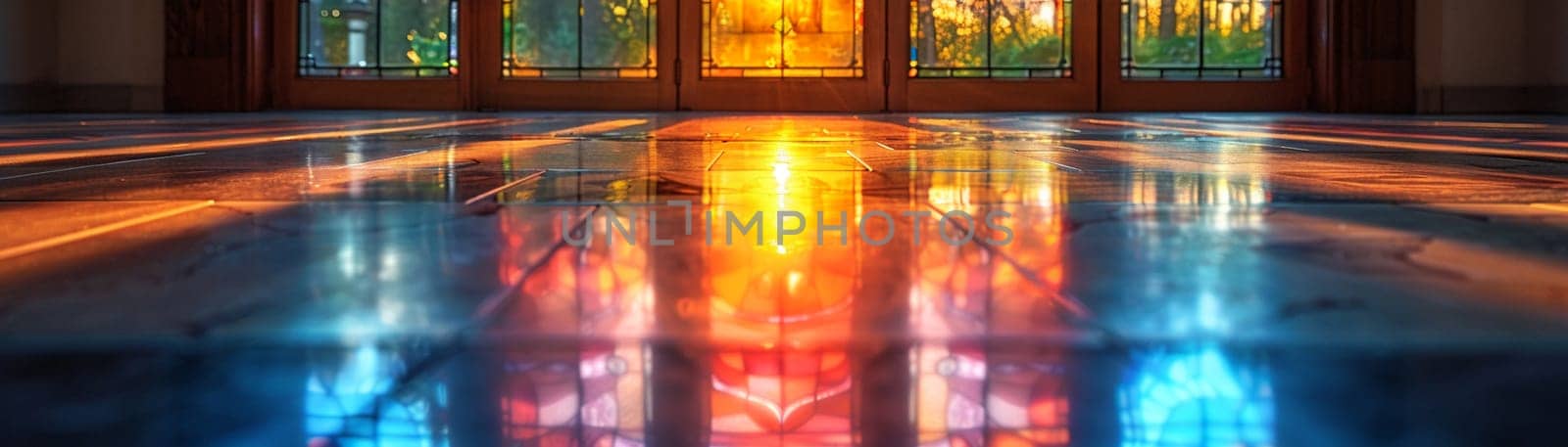 Stained Glass Window Casting Colored Light on a Church Floor, The vibrant hues blend and blur, telling biblical stories in light.
