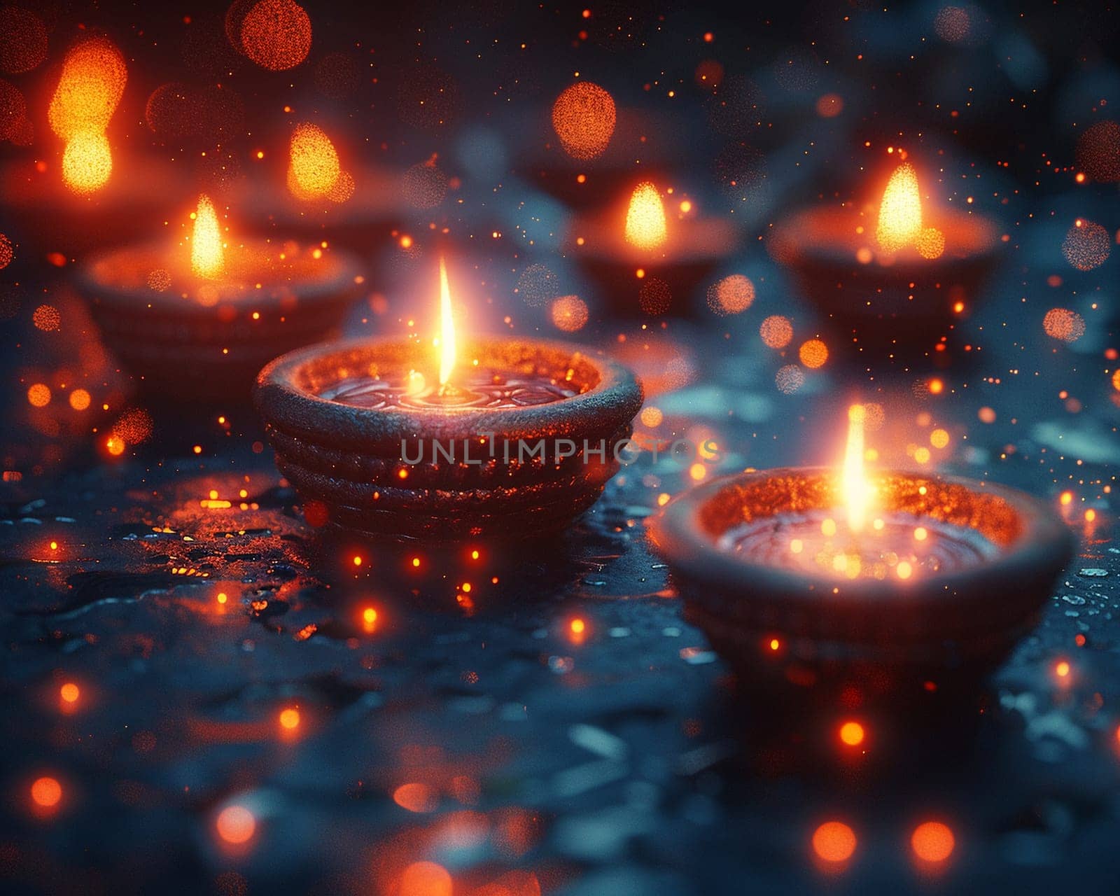 Hindu Diya Lamps Casting Soft Glows for Diwali The lights blur together by Benzoix