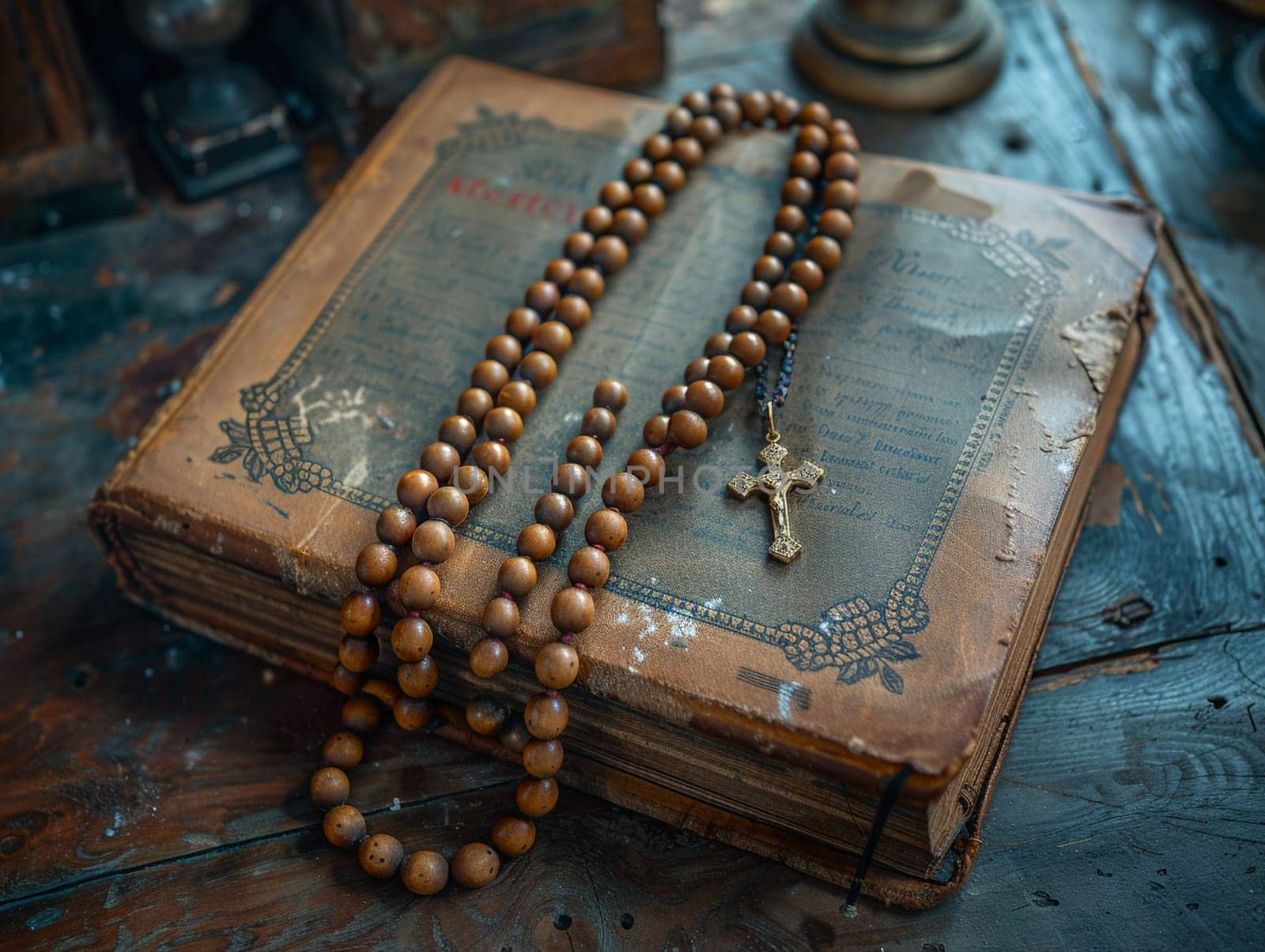 Rosary Beads Draped Over a Weathered Prayer Book The beads and text blur together by Benzoix