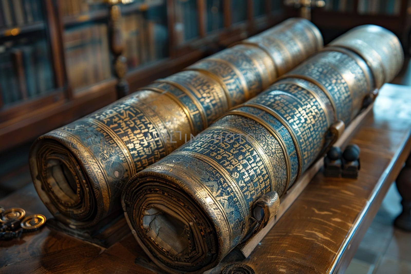 Torah Scrolls Safely Housed in a Softly Lit Ark, The sacred text blurs slightly, emphasizing the reverence and tradition it holds.
