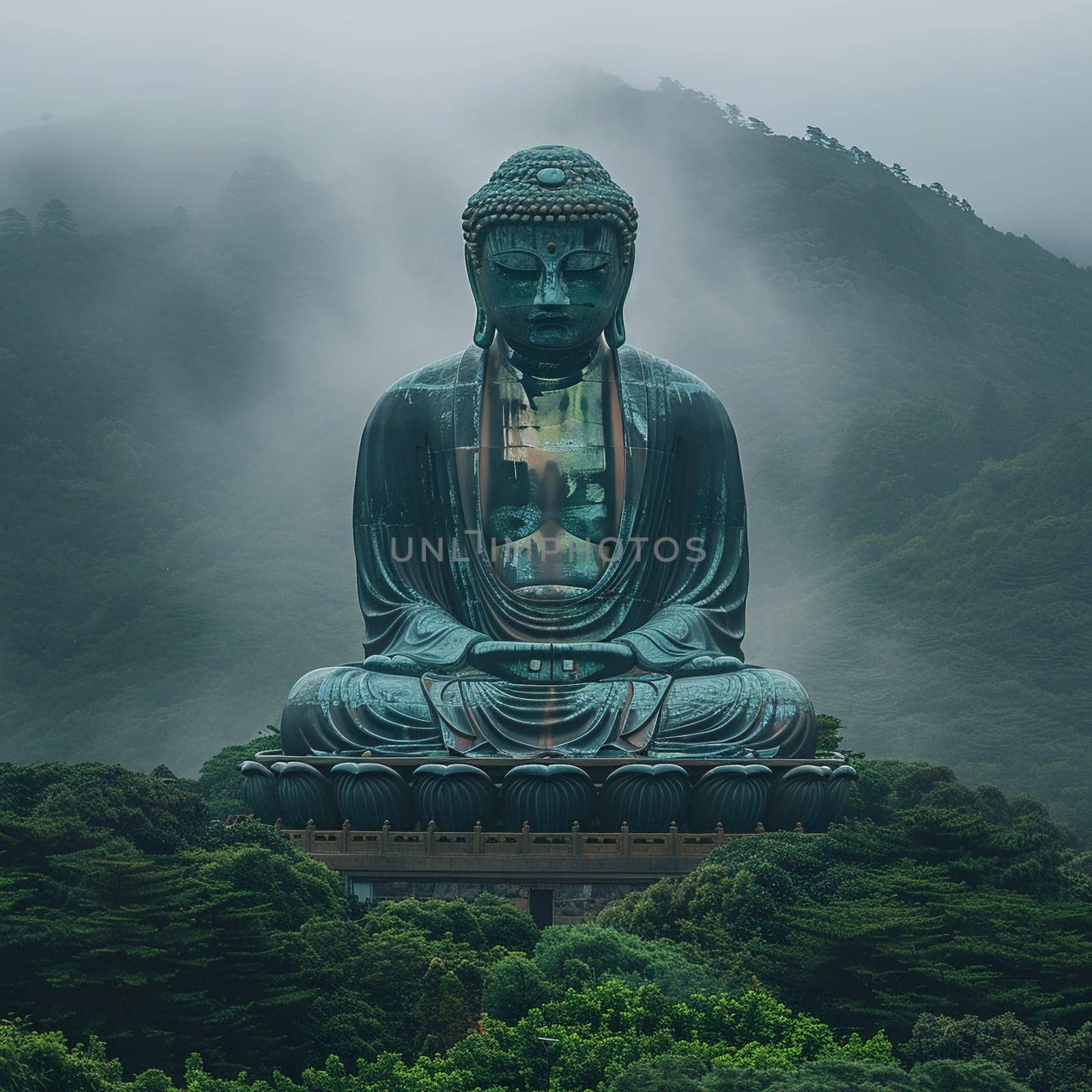 Giant Buddha Statue Overlooking a Misty Landscape, The majestic figure merges with the fog, a sentinel of peace and enlightenment.