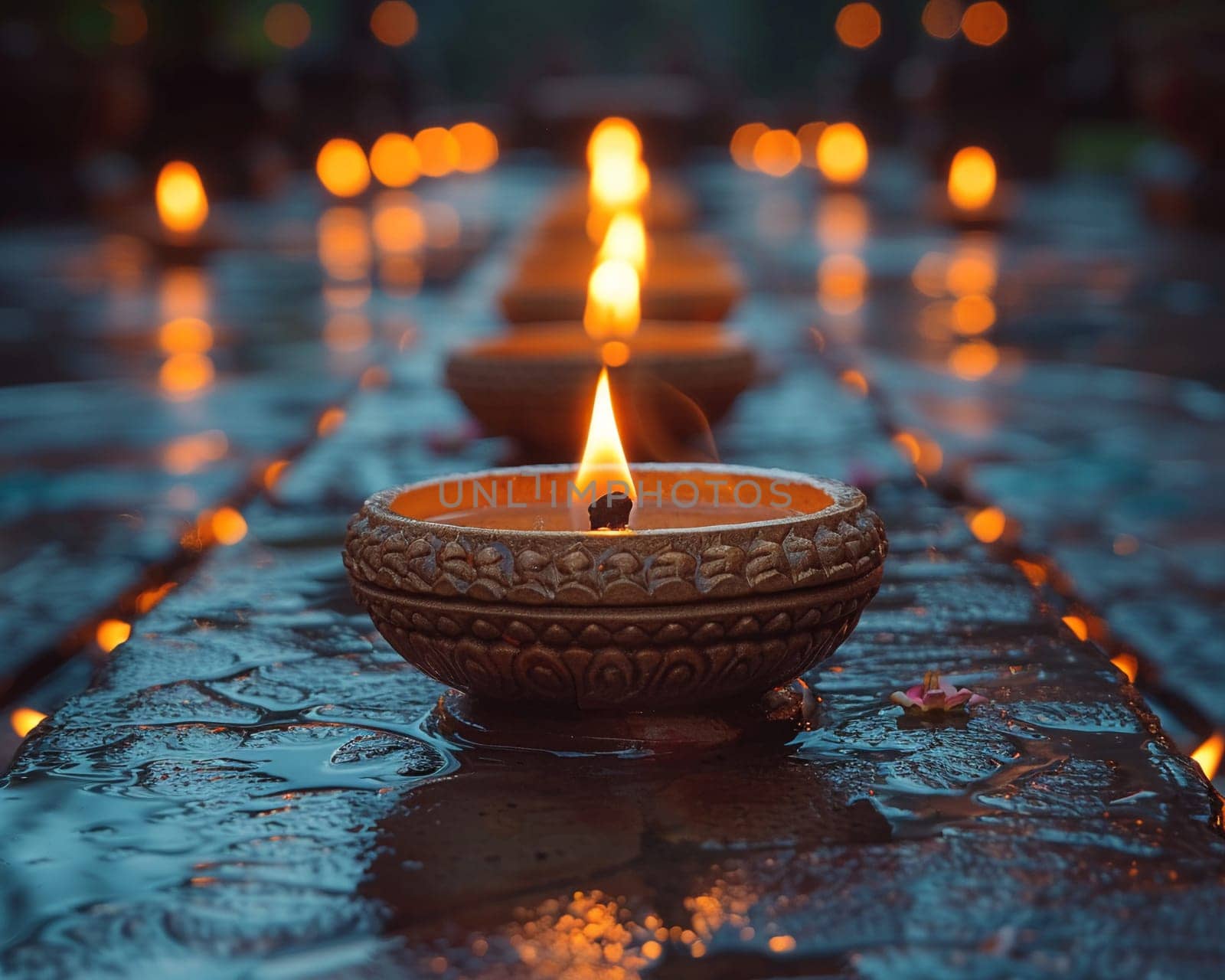 Hindu Diya Lamps Casting Soft Glows for Diwali, The lights blur together, celebrating the victory of light over darkness.