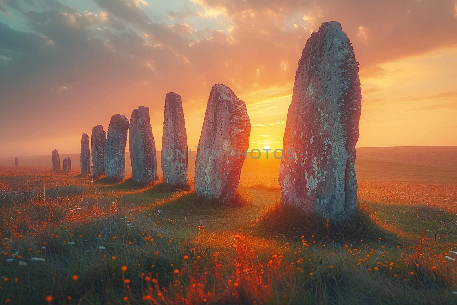 Ancient Pagan Henge Standing Mysteriously in a Field, The prehistoric stones blur into the landscape, marking time and rituals long passed.