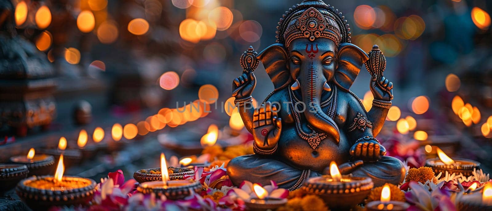 Ganesha Idol Serenely Sitting Among Diwali Lights, The blurred glow of lamps creates an atmosphere of celebration and worship.