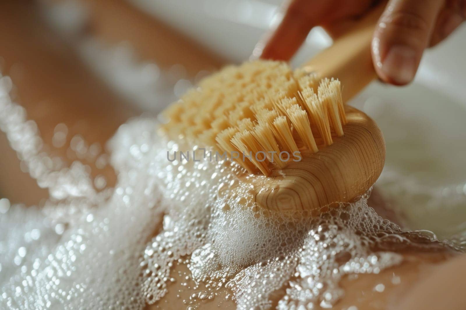 A demonstration of the dry brushing technique on skin, emphasizing the action and health benefits of this wellness practice.