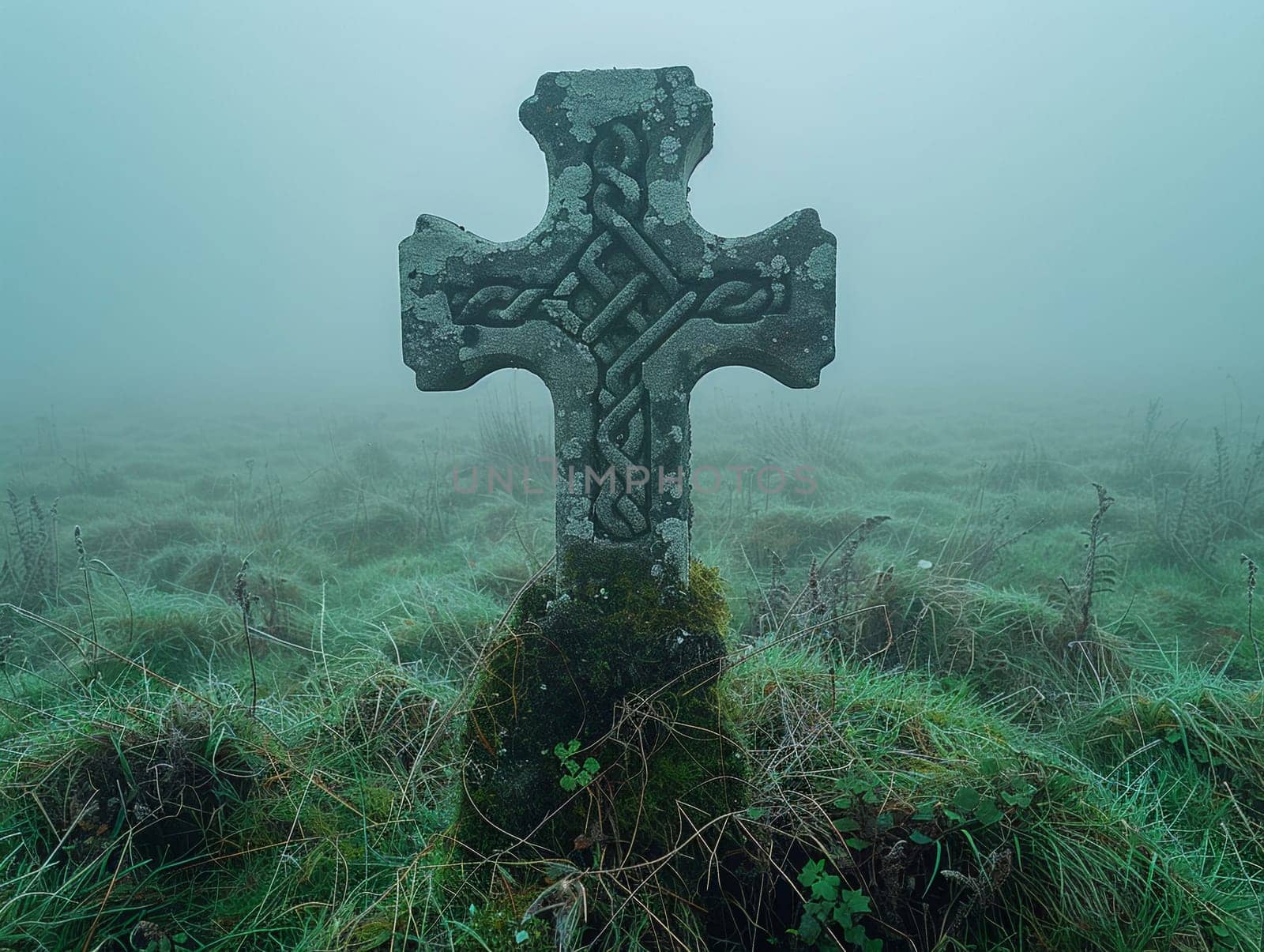 Celtic Cross Standing Solitary in a Misty Field The cross melds into the morning mist by Benzoix