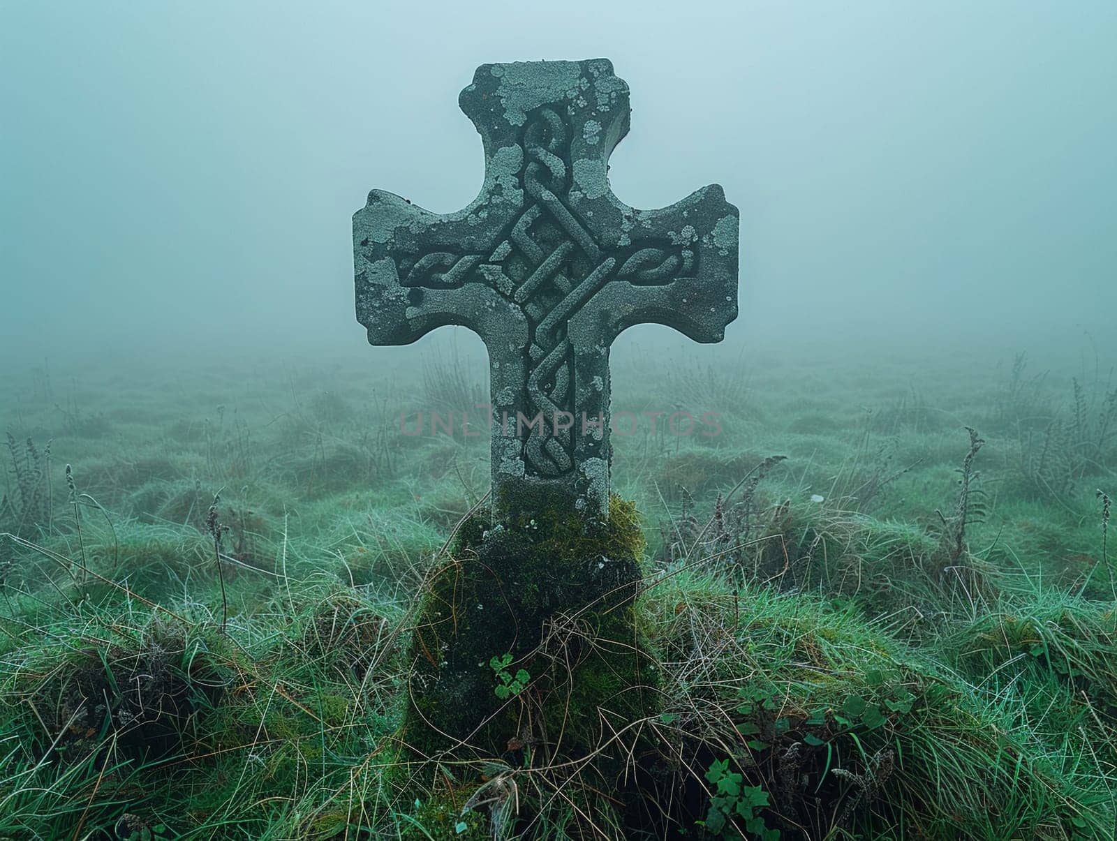 Celtic Cross Standing Solitary in a Misty Field, The cross melds into the morning mist, symbolizing faith and Celtic heritage.