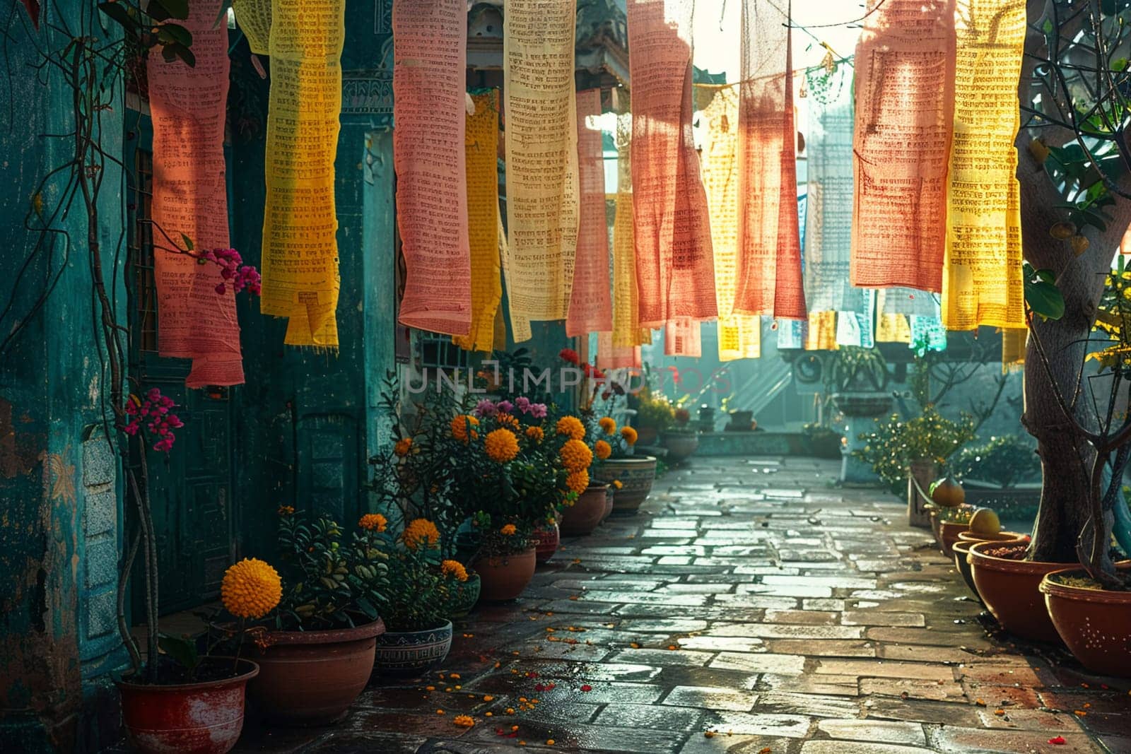 Hare Krishna Maha Mantra on Faded Prayer Flags, The words blur into the fabric, spreading spiritual vibrations to all surroundings.