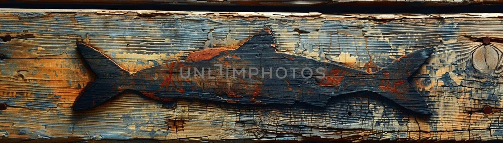 Christian Fish Symbol Etched onto a Weathered Pier, The simple outline blends into the wood, signifying faith and fellowship.