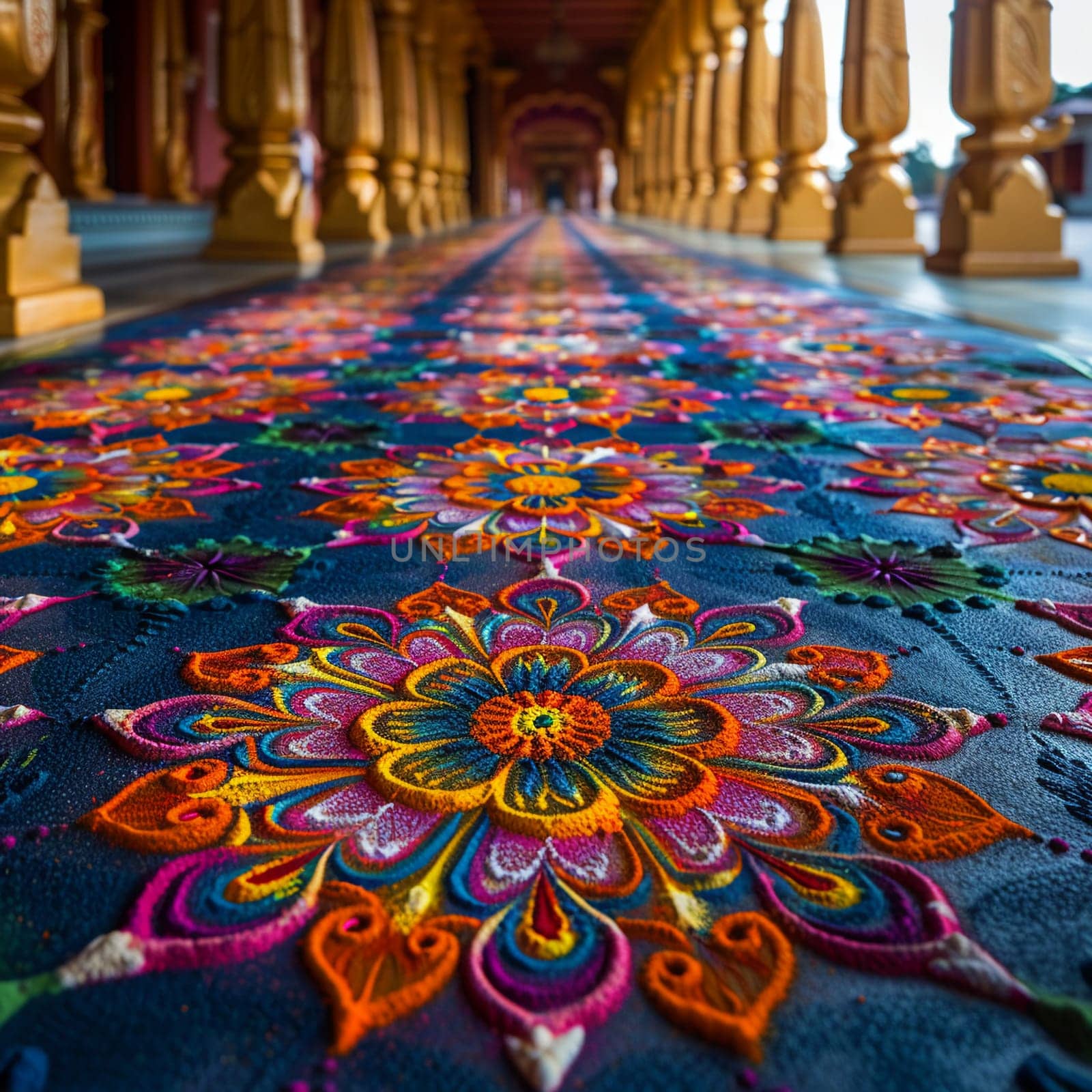 Colorful Hindu Festival Rangoli Blurring into Artistic Devotion, The intricate patterns spread into a vibrant display of culture and prayer.