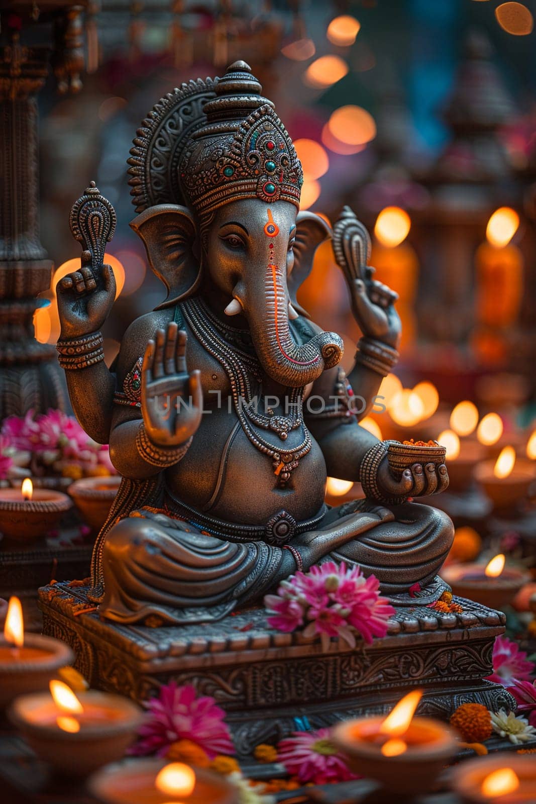 Ganesha Idol Serenely Sitting Among Diwali Lights, The blurred glow of lamps creates an atmosphere of celebration and worship.