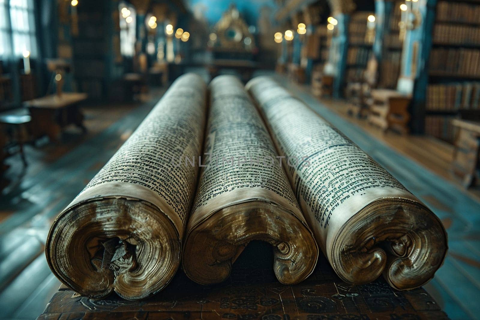 Torah Scrolls Safely Housed in a Softly Lit Ark The sacred text blurs slightly by Benzoix