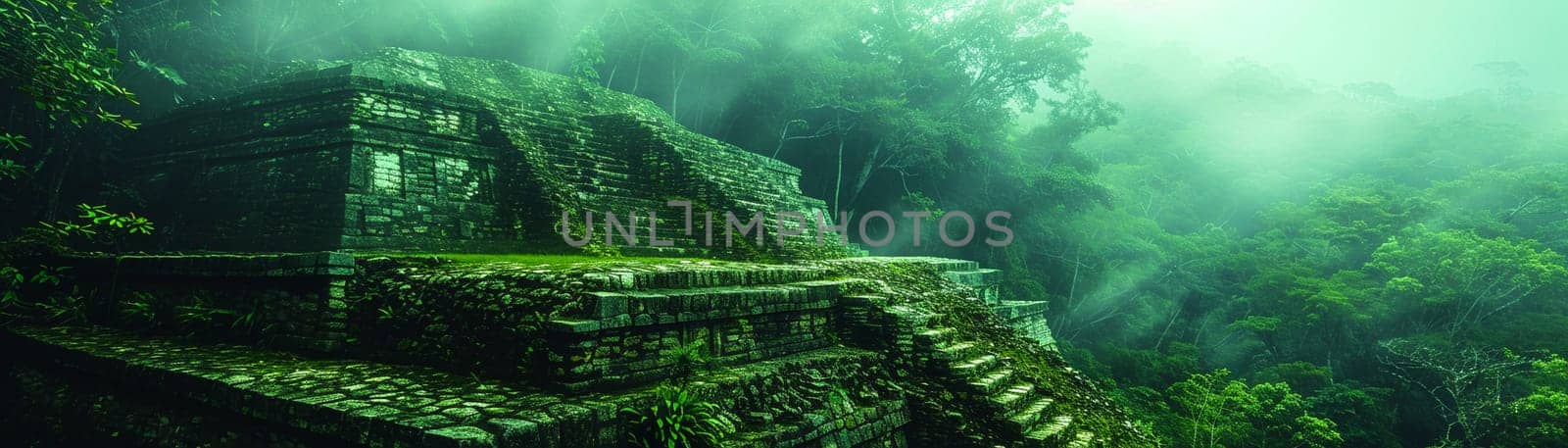 Mayan Pyramid Edges Blurring into a Jungle Canopy, The structure's silhouette merges with the foliage, a relic of Mesoamerican spirituality.