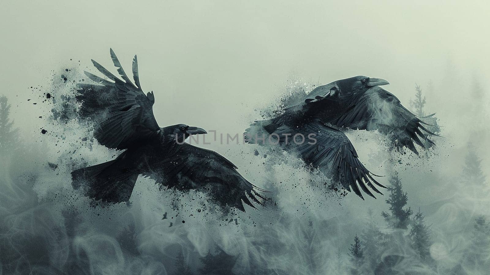 Norse God Odins Ravens in Flight Their shapes blending into the sky by Benzoix