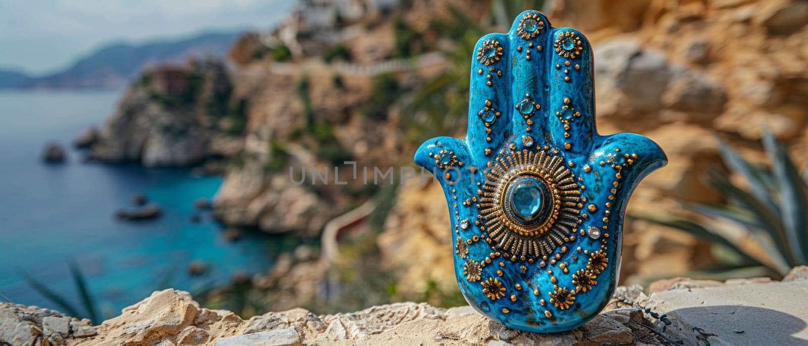 Hamsa Hand Amulets Overlooking a Mediterranean Seascape The protective symbols blur with the sea by Benzoix