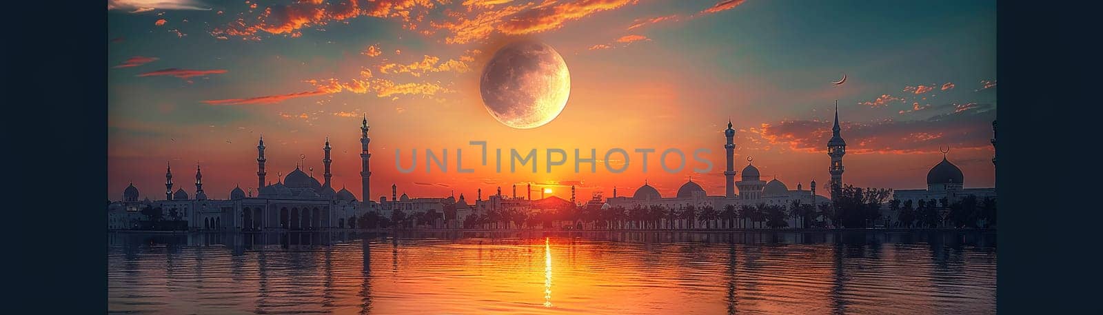 Islamic Crescent Moon Rising Over a Quiet Mosque, The celestial symbol blends into the twilight, marking the significance of time and worship.