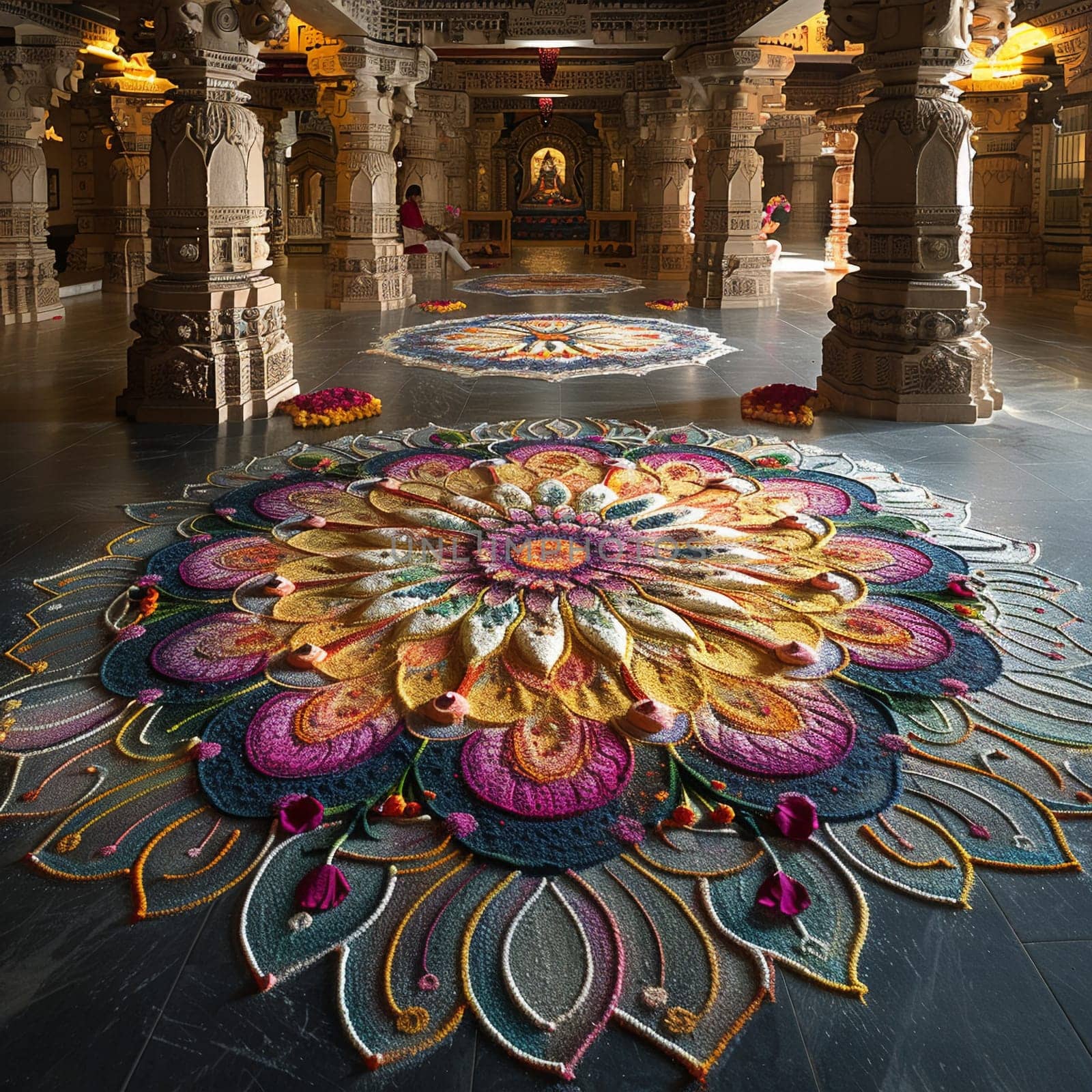 Colorful Hindu Festival Rangoli Blurring into Artistic Devotion, The intricate patterns spread into a vibrant display of culture and prayer.