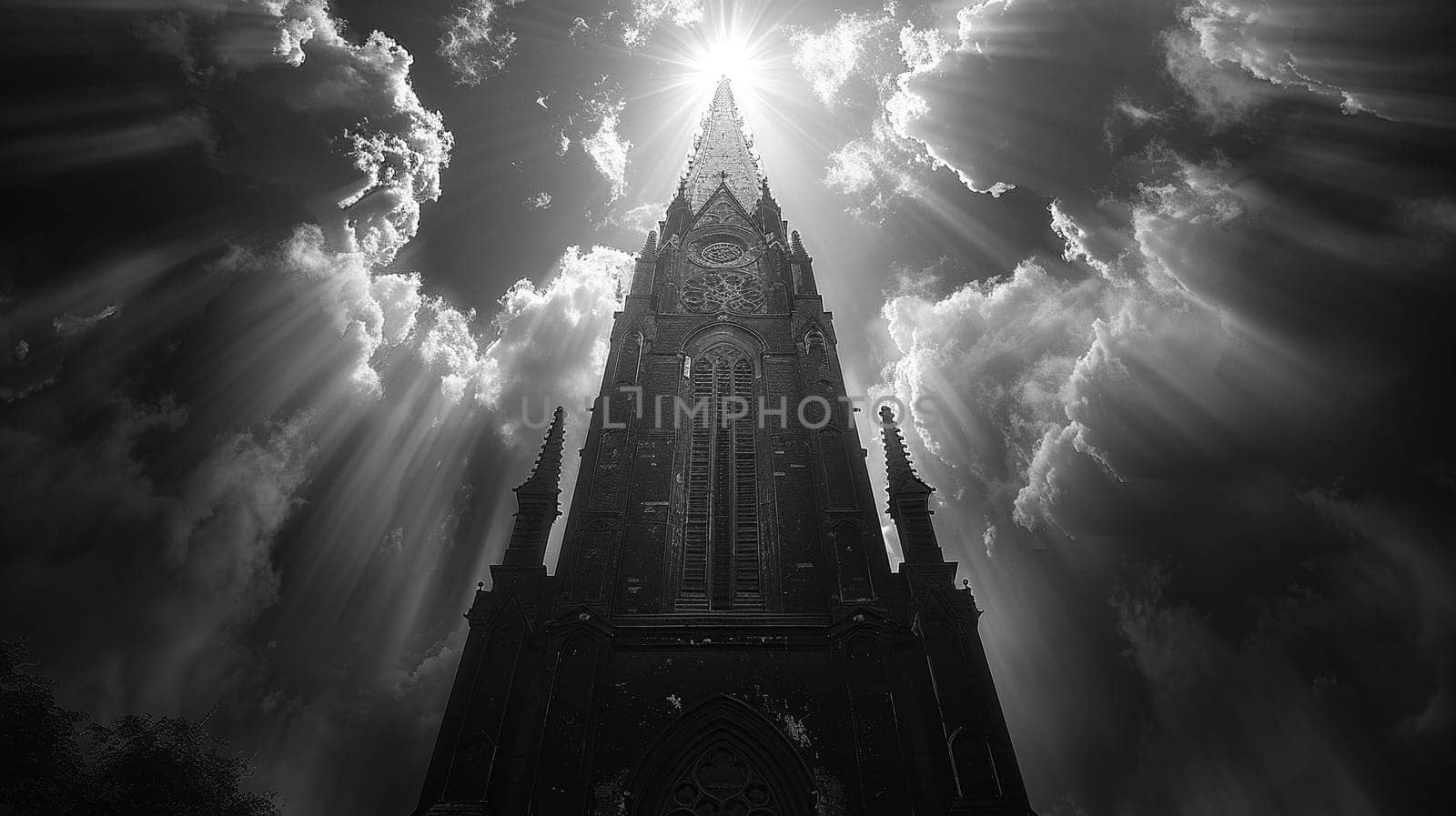 Gothic Church Spire Reaching Upward into a Cloudy Sky, The spire blurs into the heavens, a Gothic symbol of aspiration and belief.