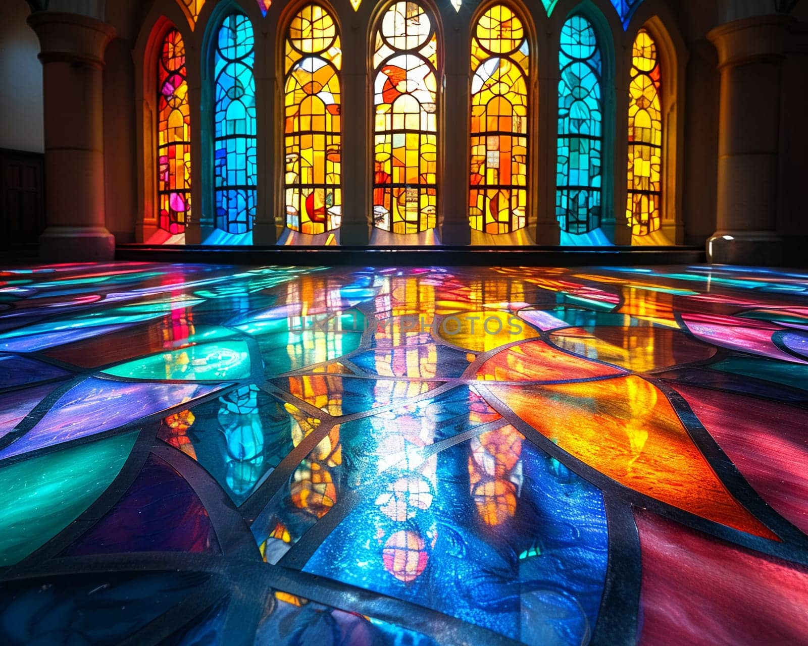 Stained Glass Window Casting Colored Light on a Church Floor, The vibrant hues blend and blur, telling biblical stories in light.