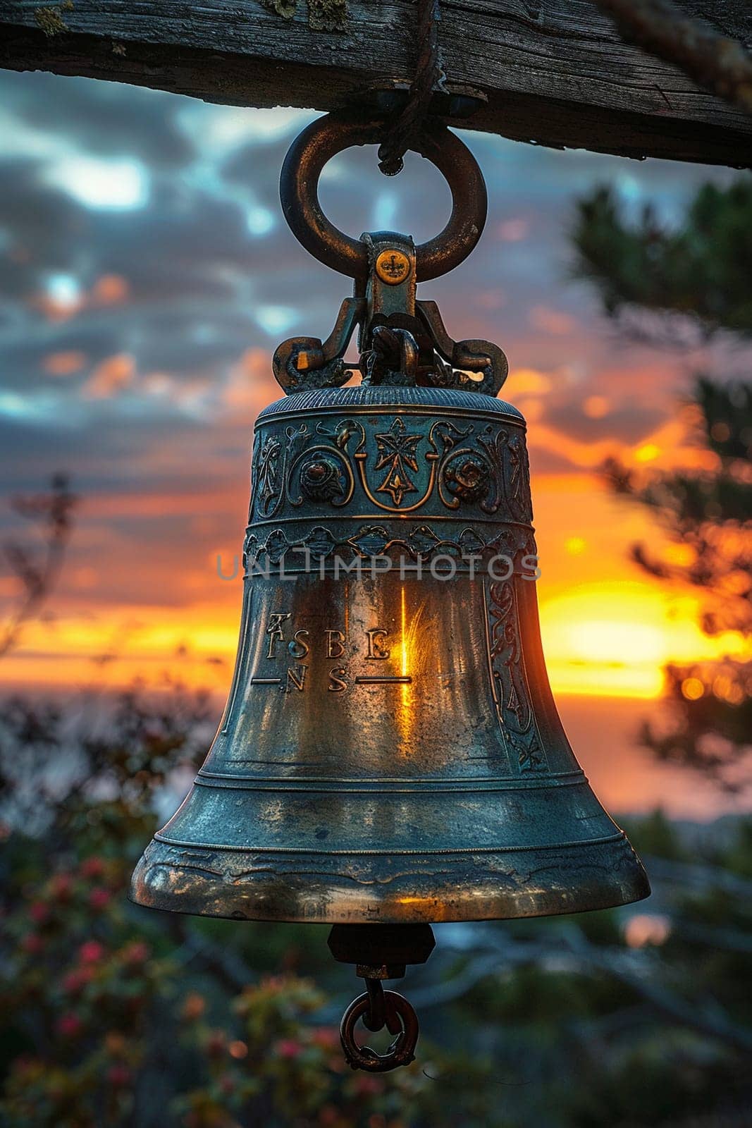 Brass Church Bell Silhouetted Against the Sunset, The bell merges with the dusk, a traditional call to prayer and gathering.