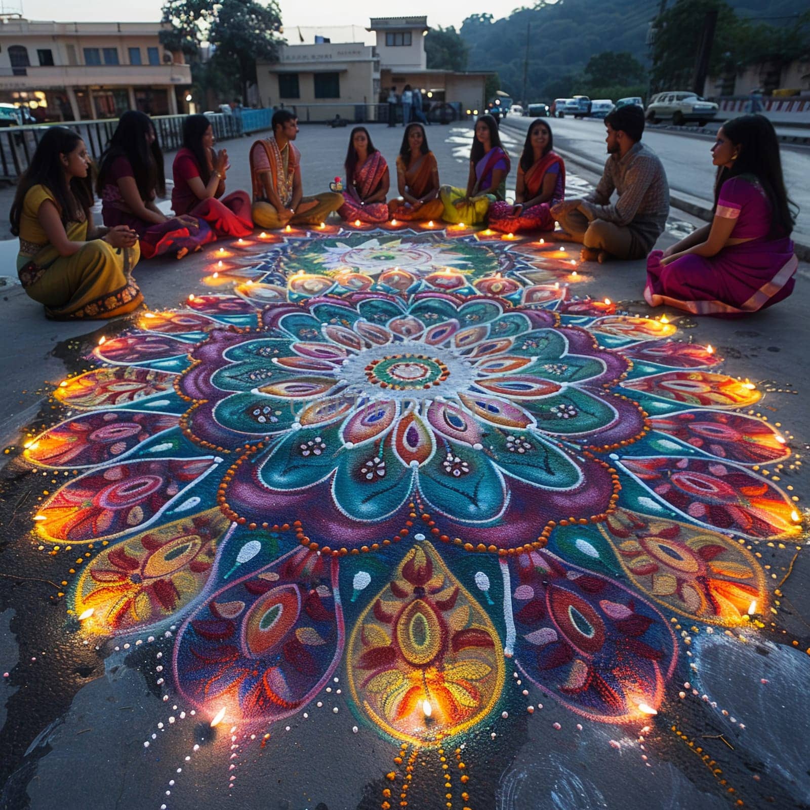 Colorful Hindu Festival Rangoli Blurring into Artistic Devotion, The intricate patterns spread into a vibrant display of culture and prayer.