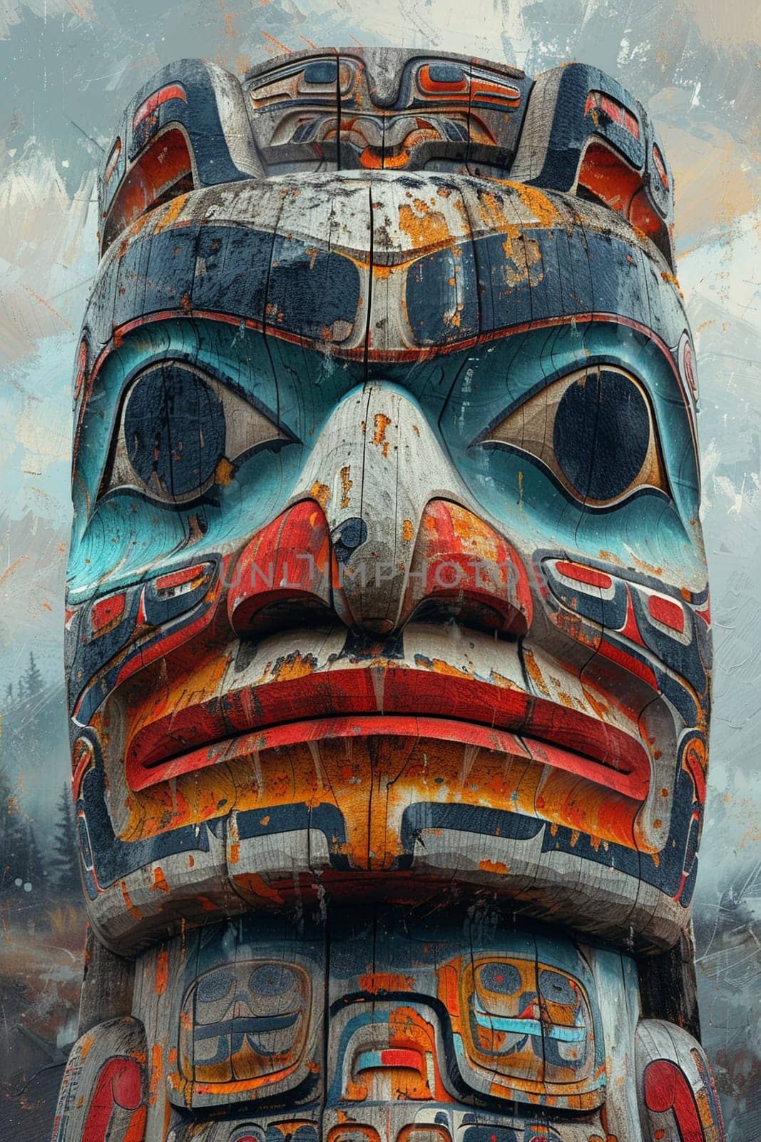 Native American Totem Pole Telling Stories in Faded Colors The historical narrative merges with the sky by Benzoix