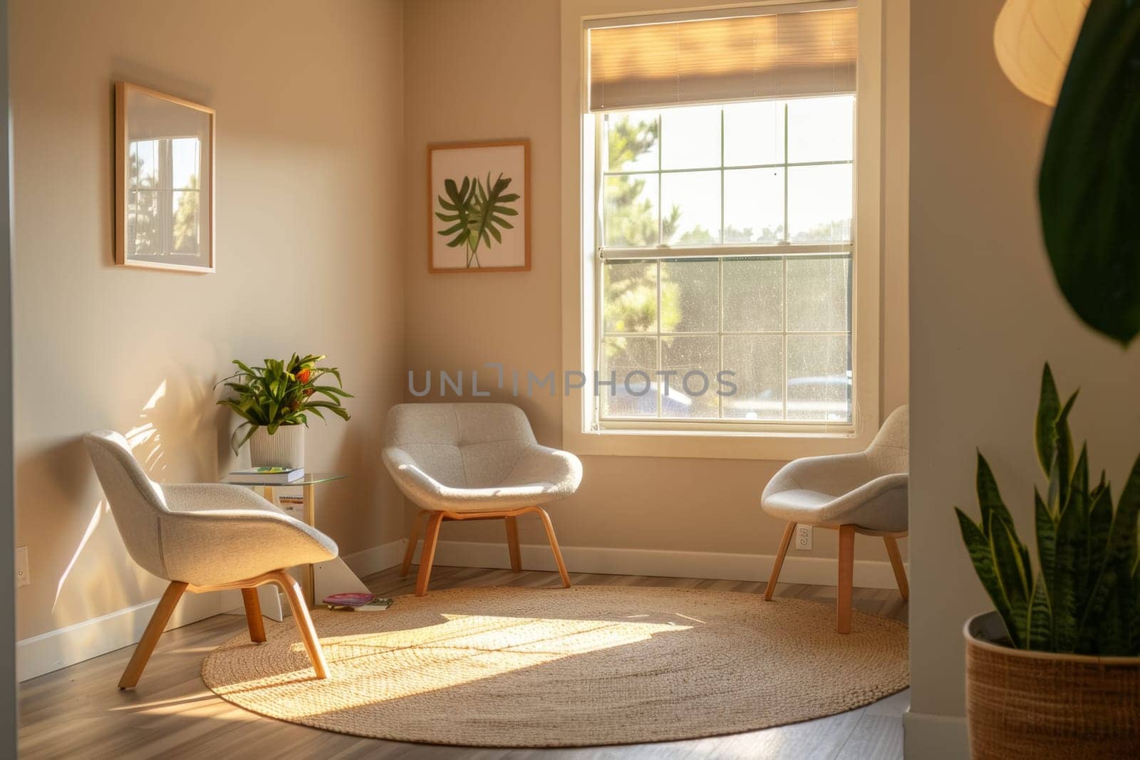 Natural sunlight streams through a window into a comforting counseling room with minimalist décor and soothing neutral tones.