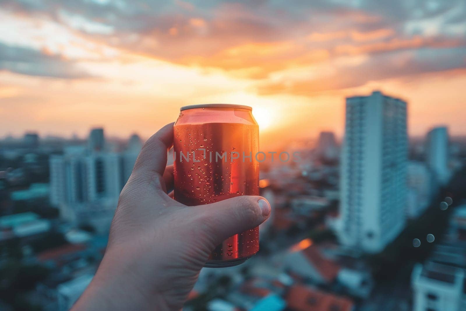 A hand holds up a chilled can of craft beer against a vibrant sunset backdrop, the warm light highlighting the condensation on the can