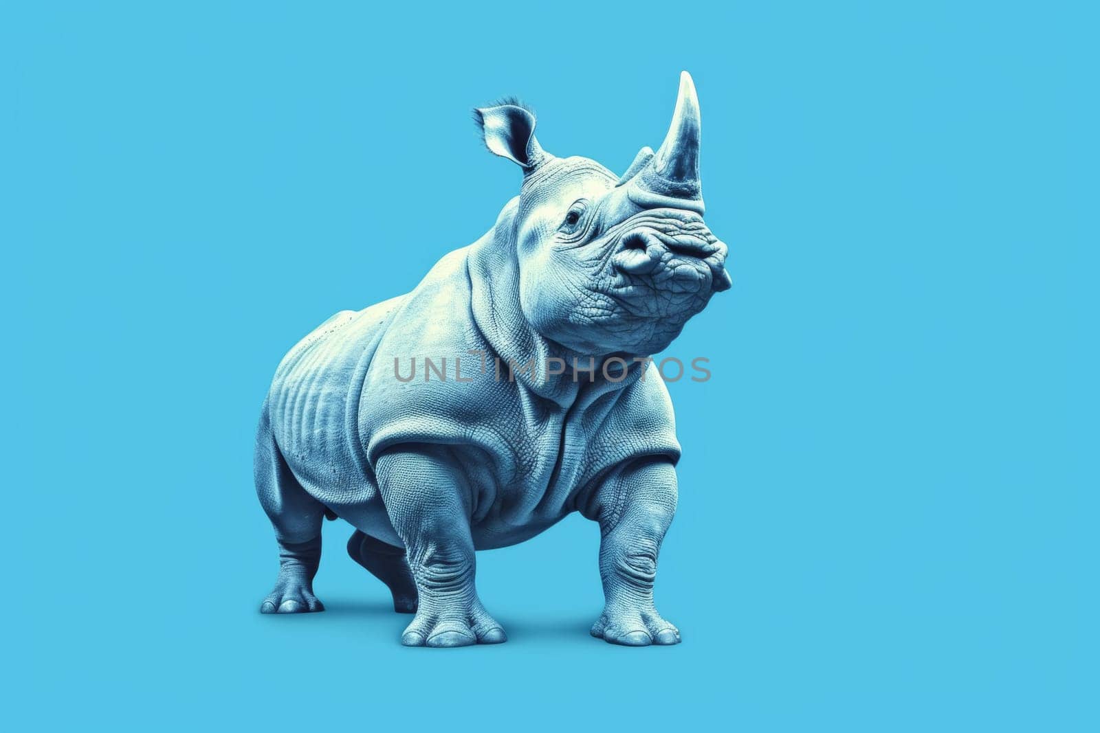 This digital art piece features a rhinoceros with exaggerated muscularity in a power stance, presented against a solid blue background, embodying power and resilience