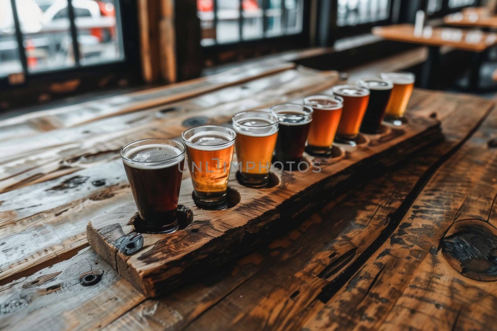 A craft beer flight perfectly aligned on a bespoke wooden paddle, inviting a journey through unique brew tastes and aromas.