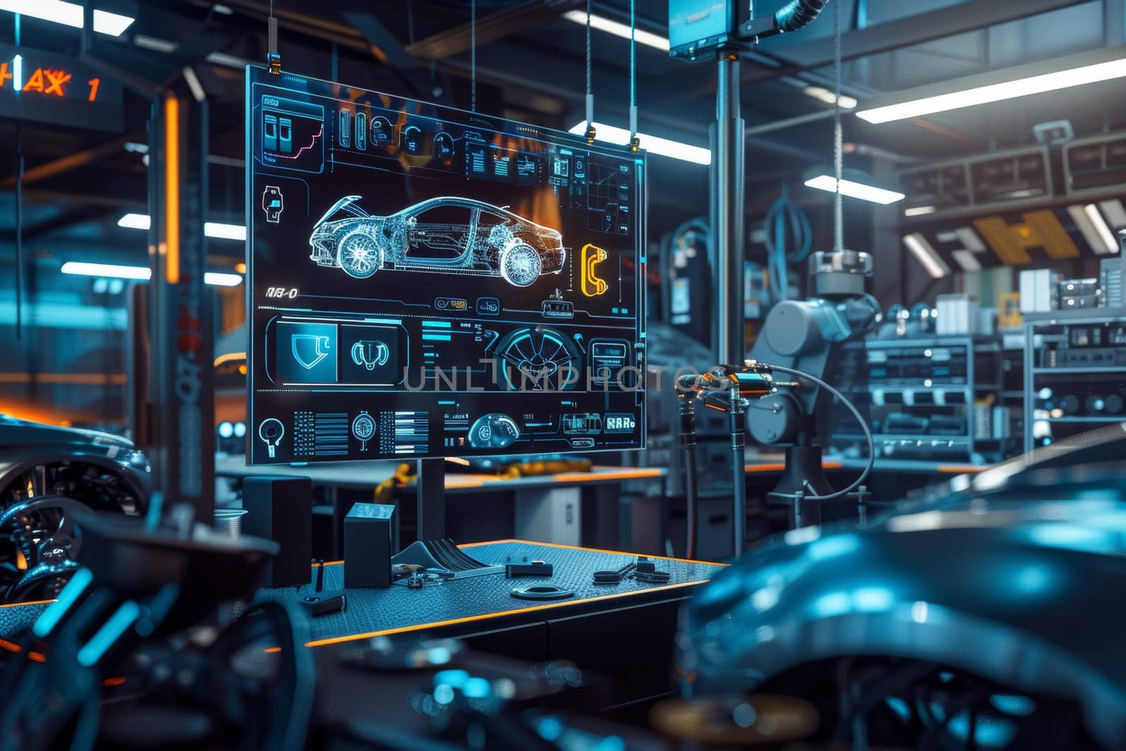 A technician operates advanced diagnostic equipment in a modern automotive repair shop, with high-performance cars in the background
