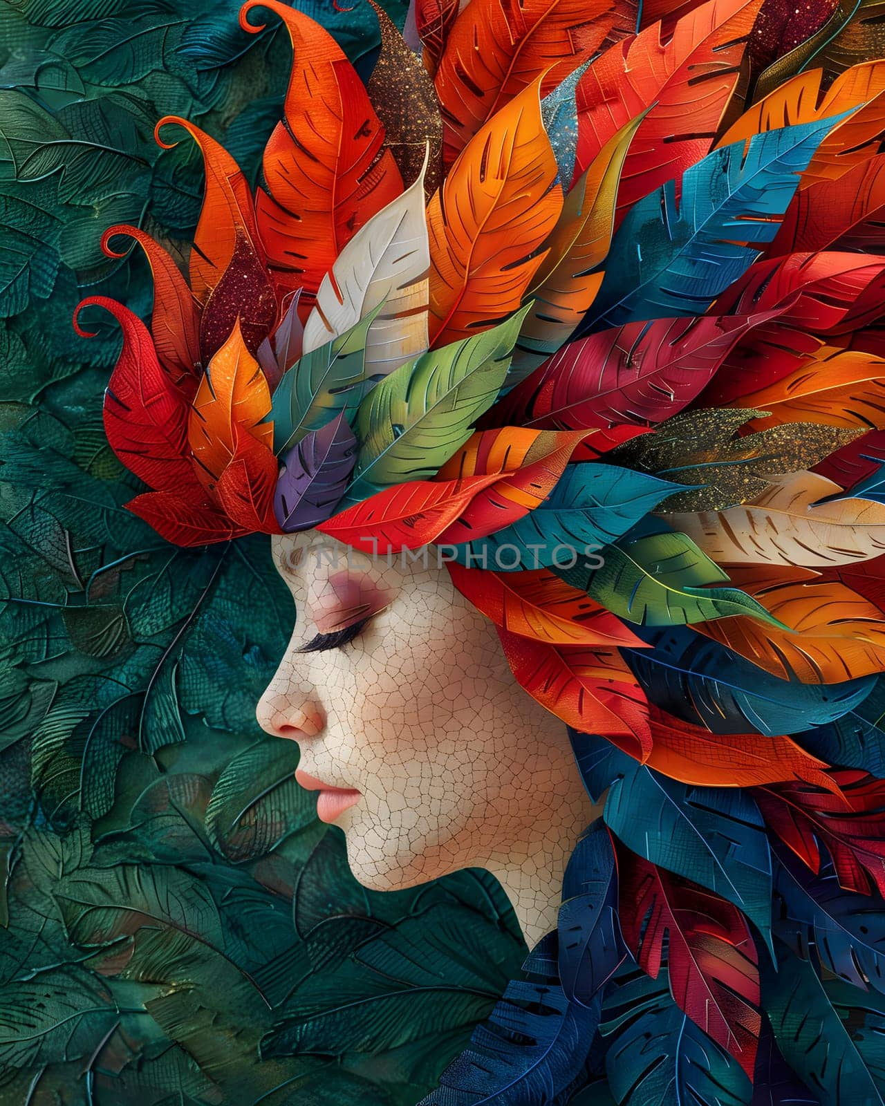 A stunning portrait of a woman wearing a headgear adorned with vibrant feathers and petals, painted in electric blue, orange, and leaf colors. A statement art piece for any fashion event