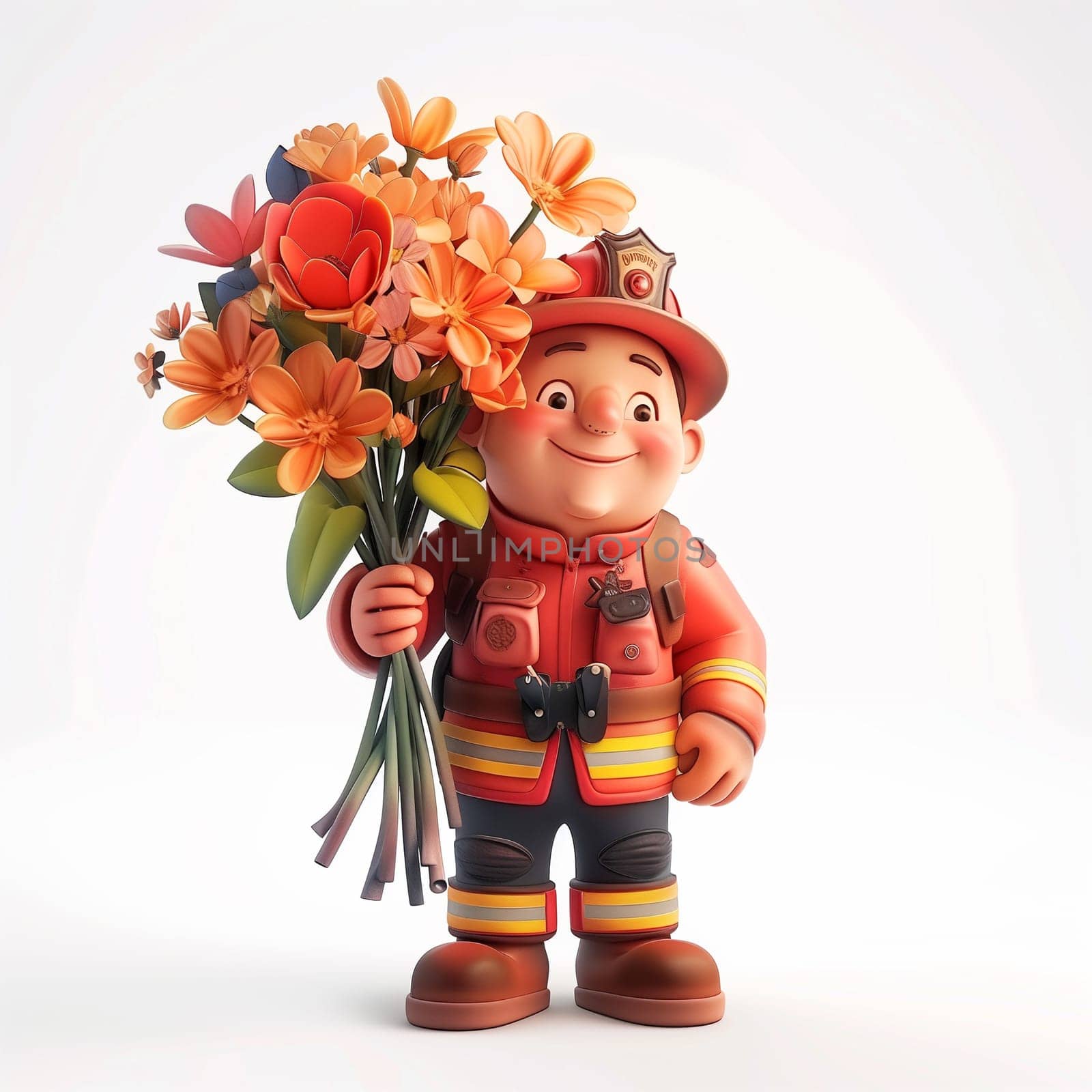 A miniature fireman figurine standing and holding a vibrant bouquet of flowers.