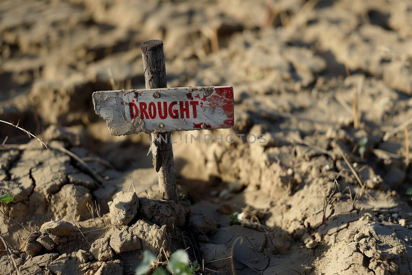 A wooden sign with the word DROUGHT stands prominently amidst a backdrop of parched, cracked soil, symbolizing the severity of water scarcity.