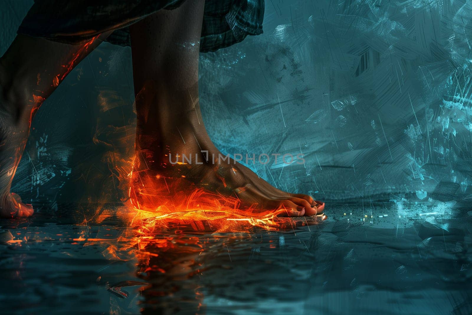 A womans feet standing in shallow water with flames burning on the surface, creating a striking contrast of elements.