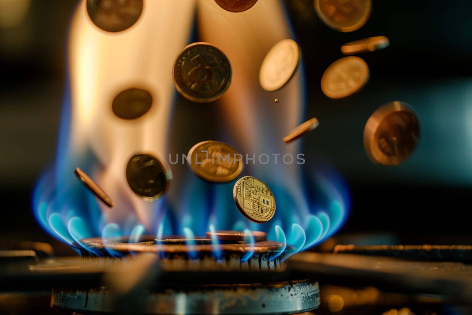 Close up view of a stove burner covered in a variety of coins, including pennies, nickels, dimes, and quarters.