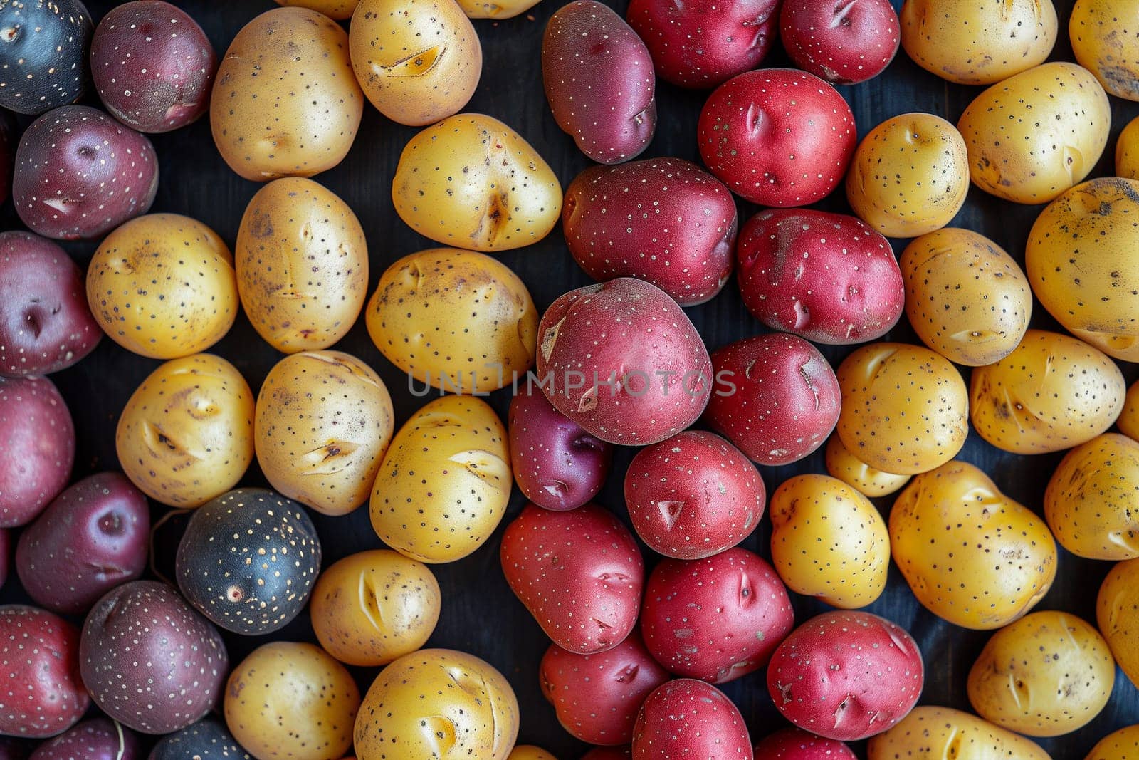 A variety of colorful potatoes, including purple, red, and yellow varieties, neatly arranged showcasing their diversity.