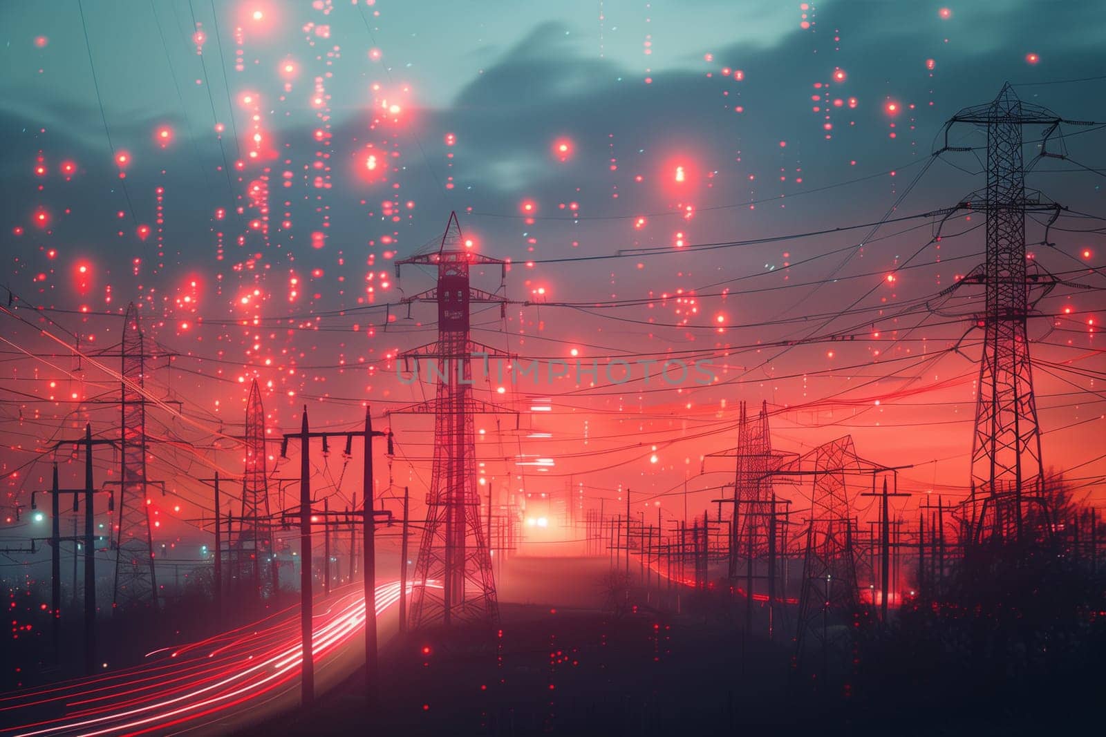 As the sun sets, a vibrant twilight casts a red glow over an expanse of power lines and communication towers, with illuminated orbs floating skyward.