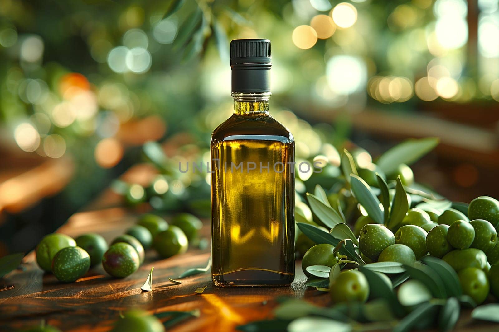 A glass bottle of olive oil placed on top of a wooden table, reflecting the natural lighting in the room.