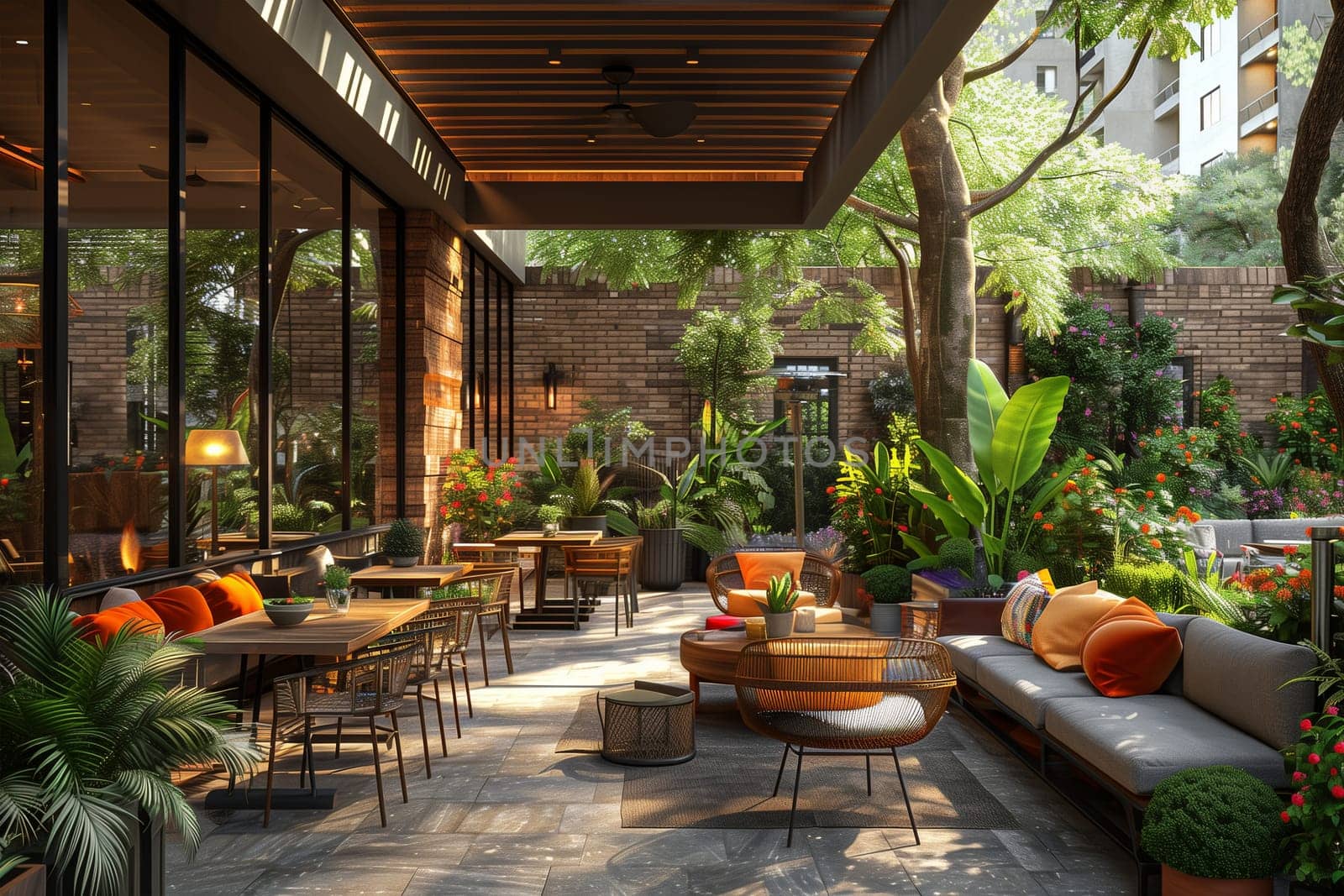 A patio area filled with multiple tables and chairs, set up for outdoor dining and socializing.