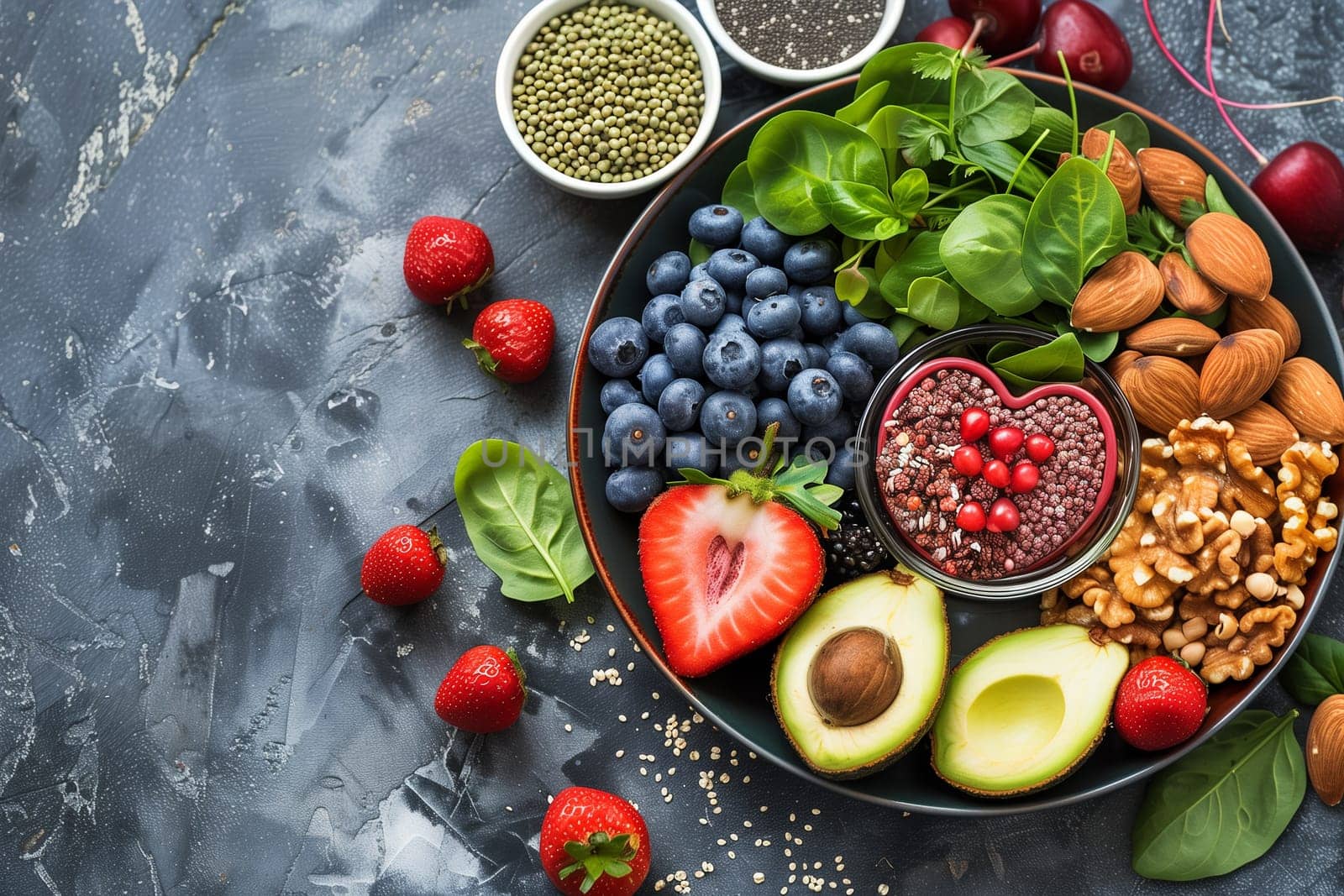 A plate filled with a variety of fresh and colorful fruits, nuts, berries, avocado, and strawberries.