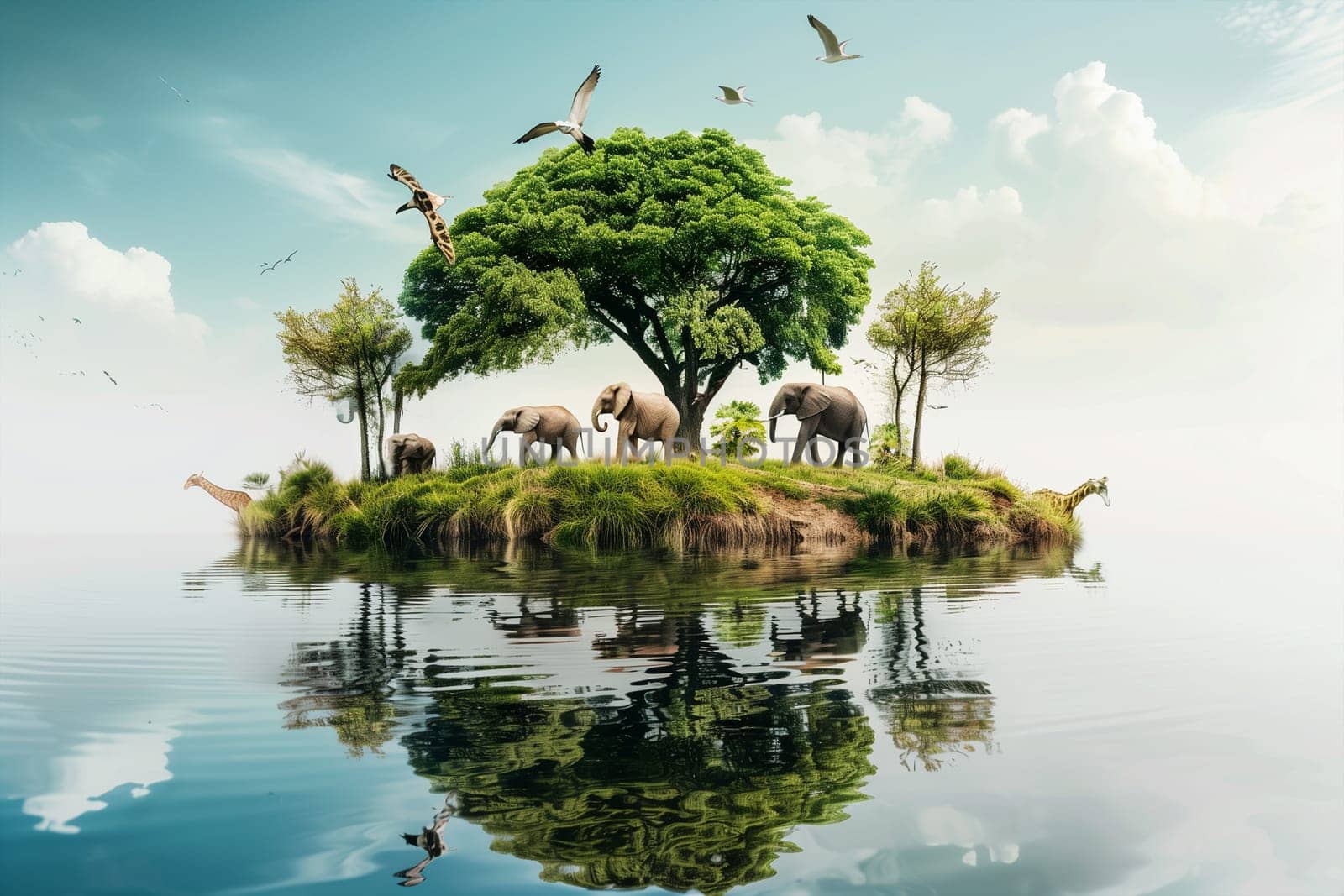 A group of elephants standing on top of a small island surrounded by water.