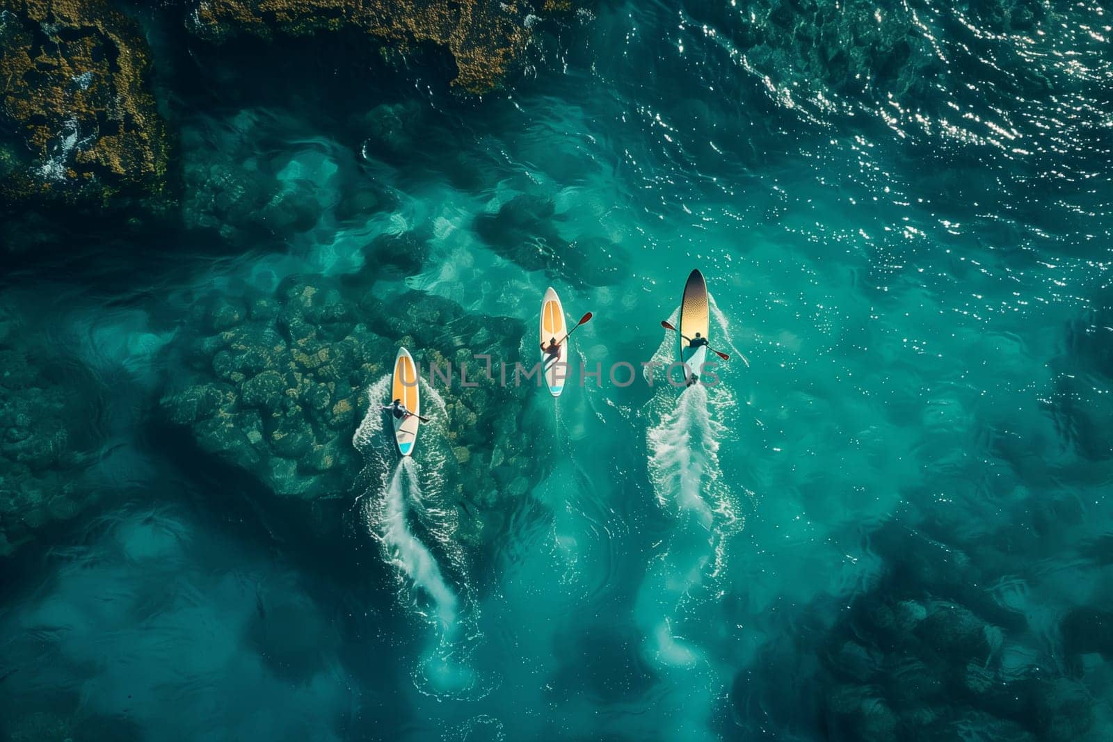 Several individuals enjoying paddle boarding on the water.