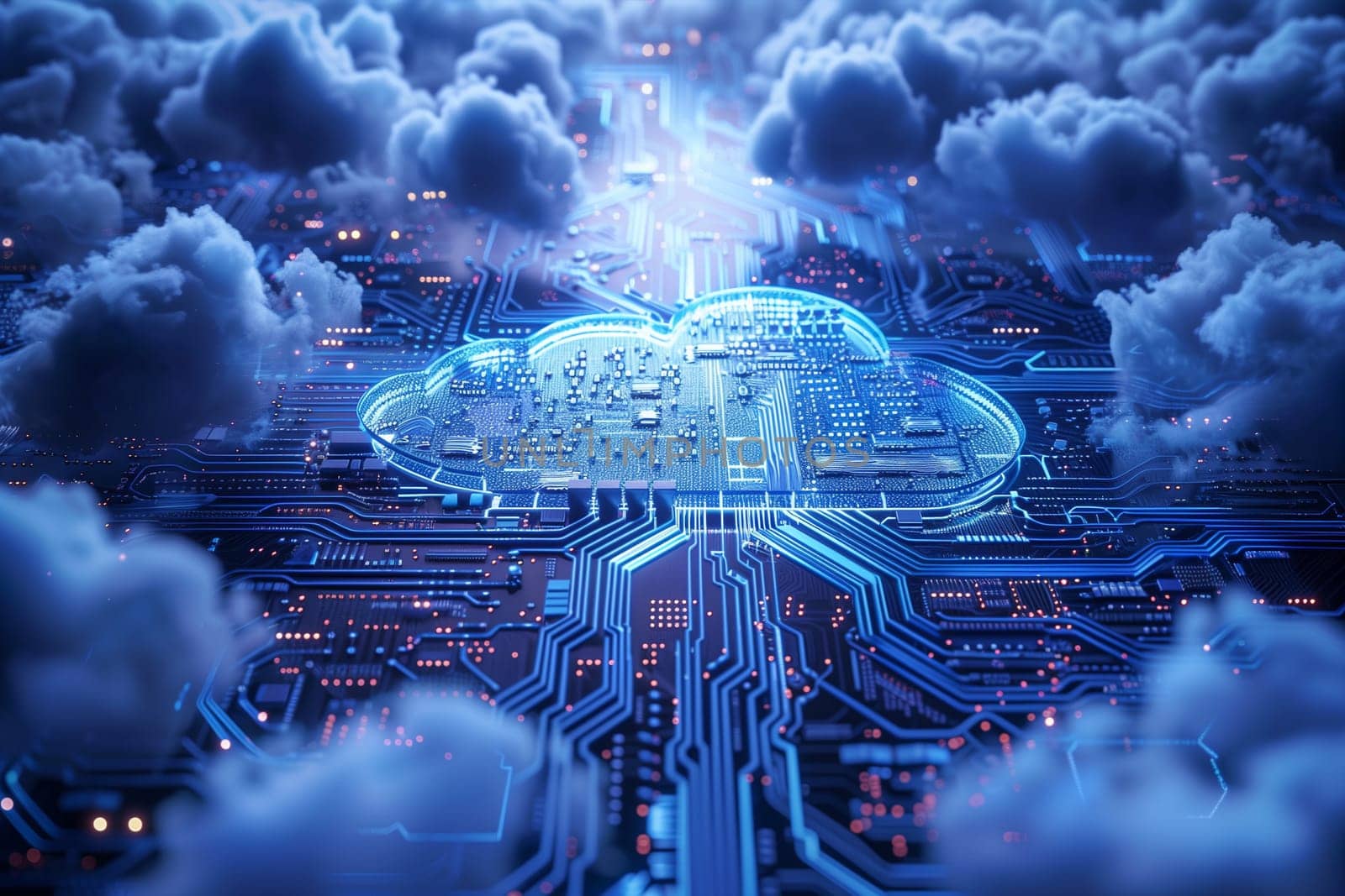 A computer circuit board featuring a prominent cloud design at its center, symbolizing cloud computing technology integration.