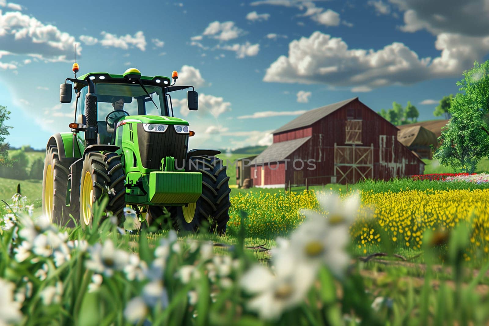 A tractor plowing a field with a barn visible in the background on a sunny day.