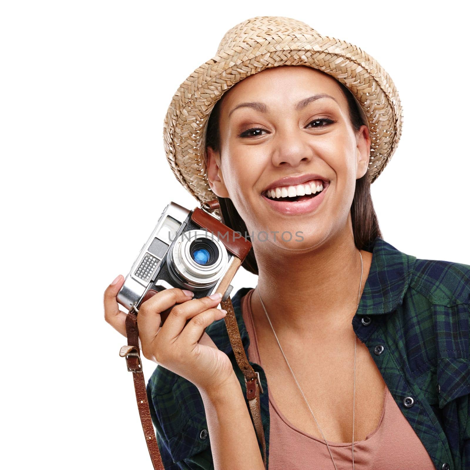 Woman, portrait and camera in isolated, travel and happy in white background or studio. Female person, smile and summer for tourism, destination and photography in backdrop on vacation or holiday.